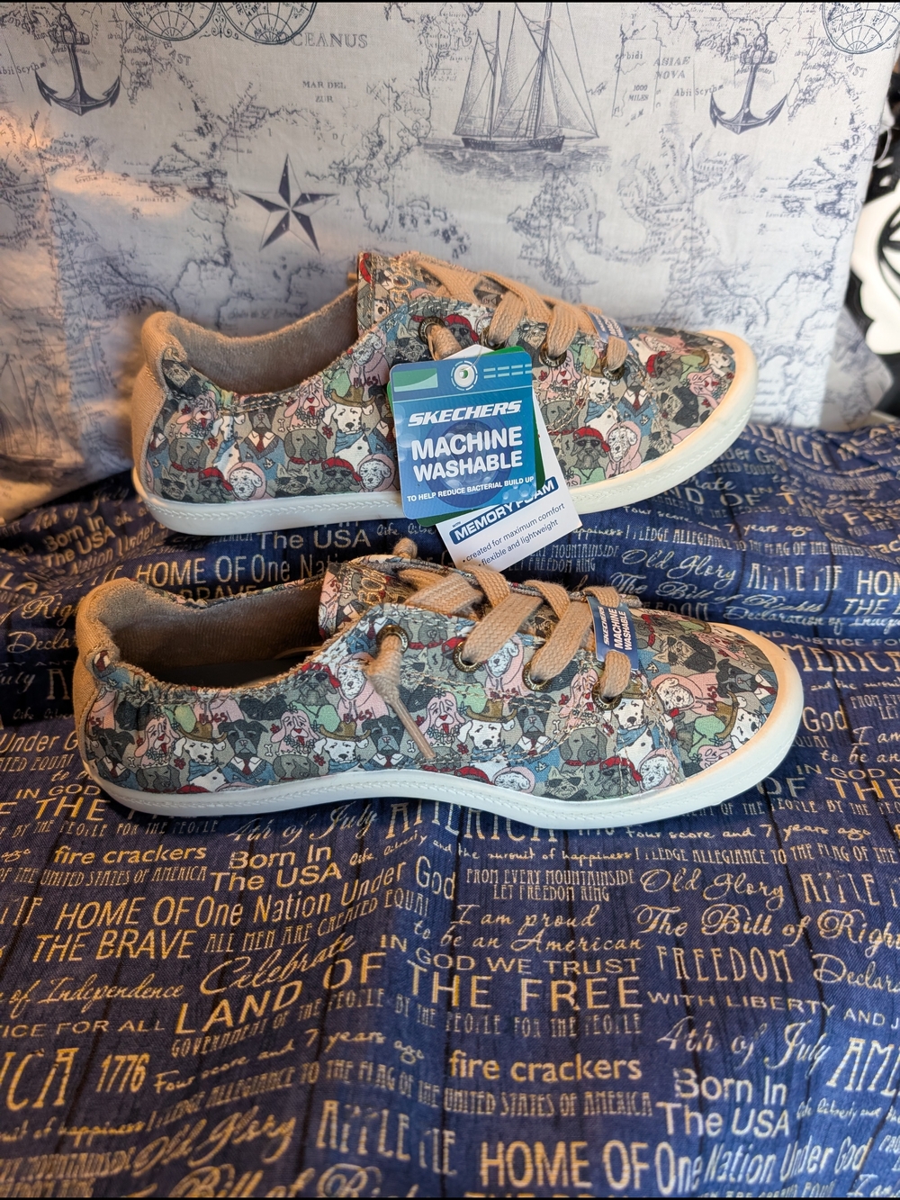 BOBS by Skechers Floral & Cat Print Slip-On Sneakers - Green/Tan - Picture 3 of 8